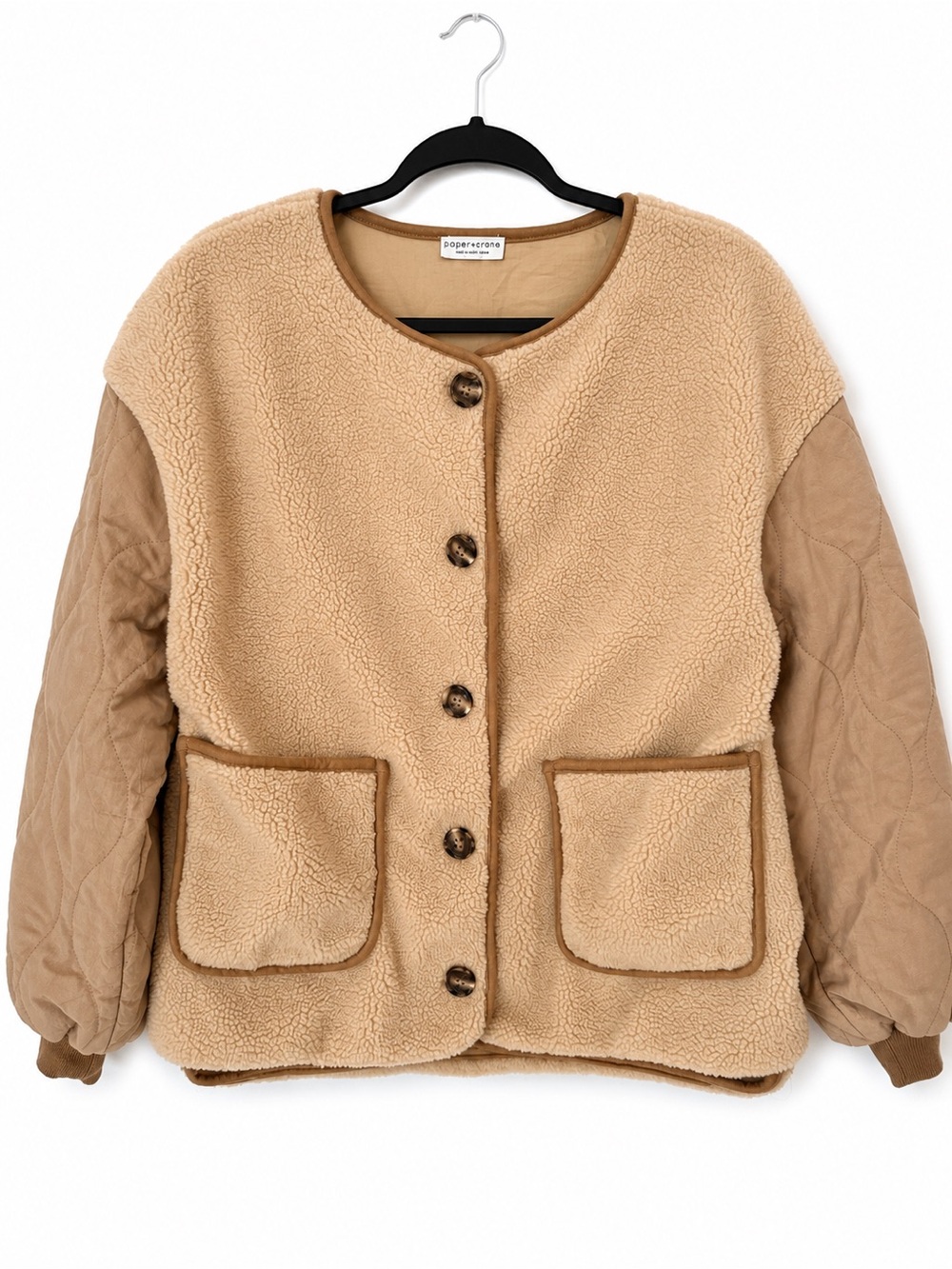 Paper Crane Sherpa Quilted Sleeve Jacket Women’s Tan Button Front Pocket Cozy M